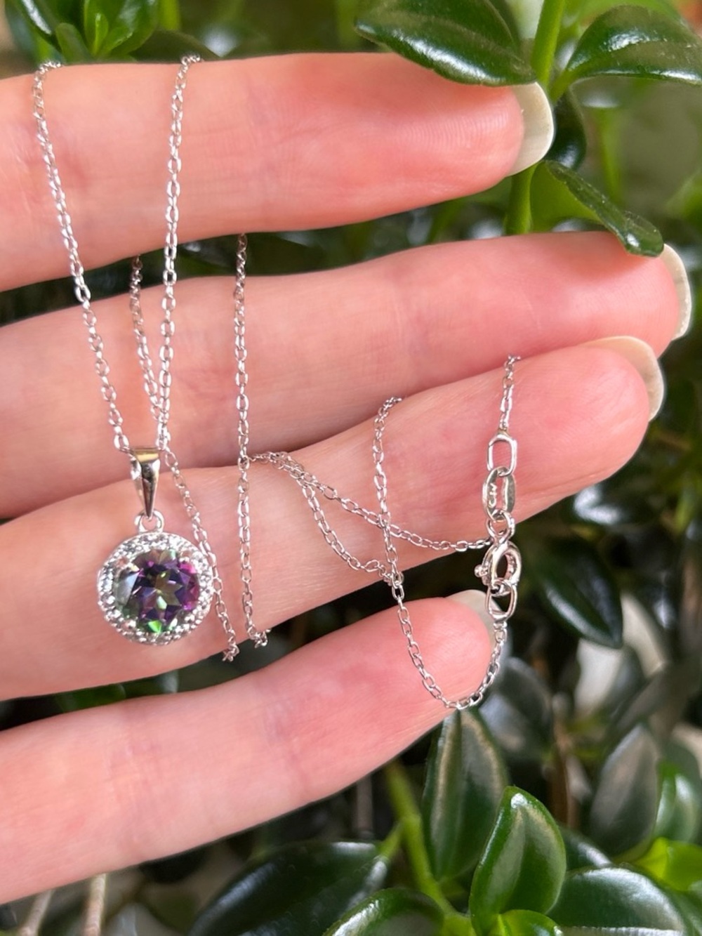 Brand New Sterling Silver Mystic Topaz and Diamond Halo Pendant Necklace